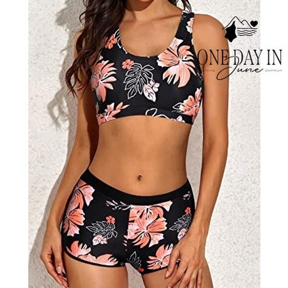 Yonique Crop Top Boyshort 3 Piece Tankini Swimsuit Size L - Picture 1 of 7